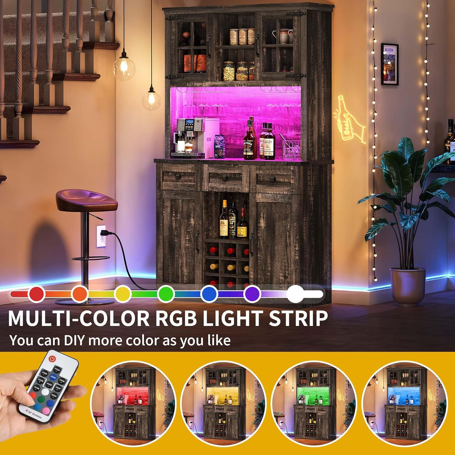 DWVO 72'' Kitchen Pantry Storage Cabinet with Lights, Microwave Stand Tall Traditional Home Bar Cabinet with Power Outlet, Hutch Pantry Buffet Cupboard with Drawers and Doors, Dark Rustic Oak