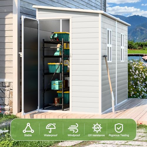 8x6x7 FT Resin Storage Shed, Waterproof Outdoor Storage Shed w/Floor, 2 Windows, Double Lockable Doors & Vents, Tool Shed for Patio Garden, Lawn, Backyard, Dove Grey