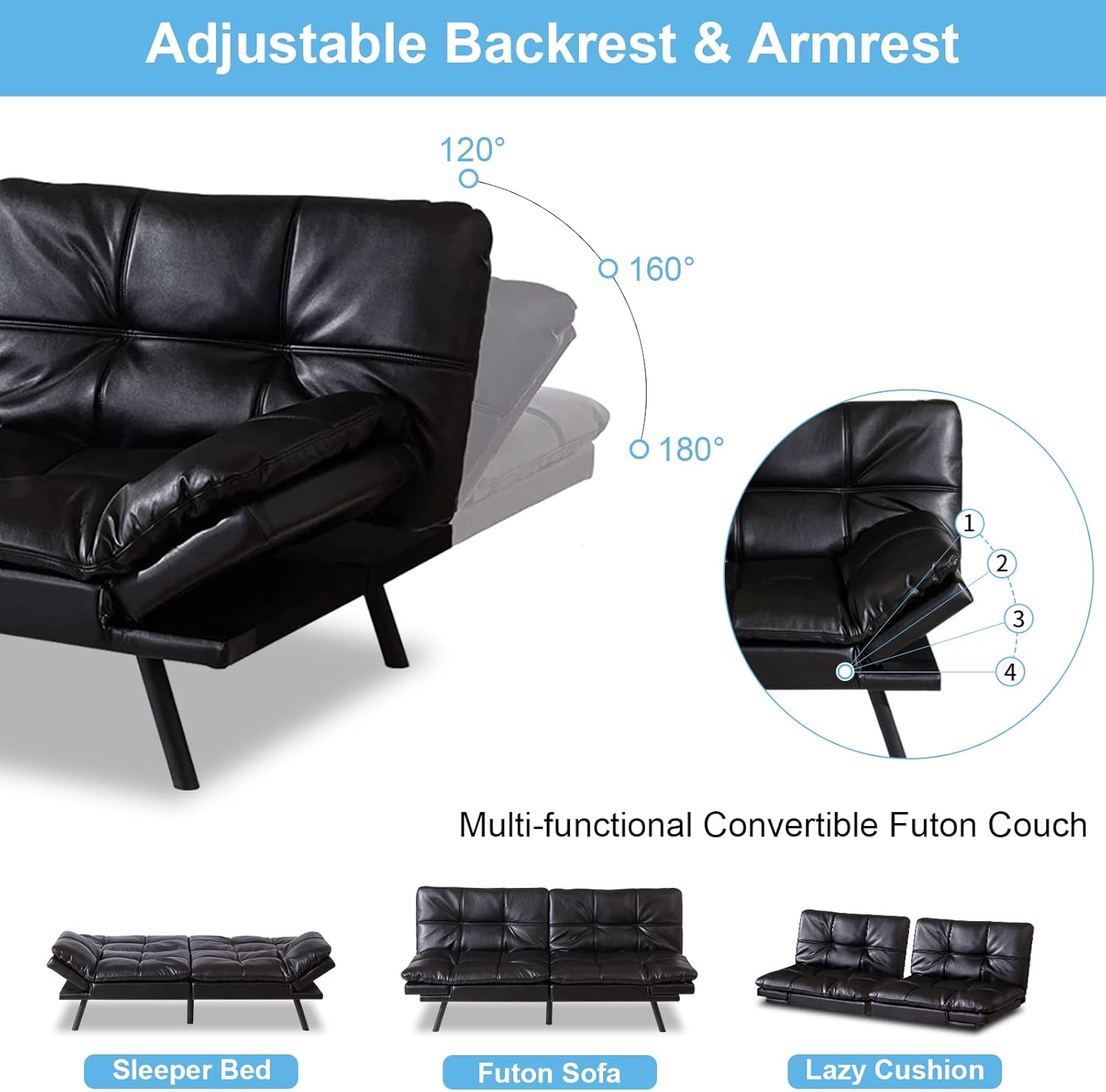 MUUEGM Futon Sofa Bed Faux Leather Futon Convertible Sofa Futon Couch Bed,Memory Foam Futon Sleeper Sofa Bed,Modern Loveseat Sofa,Adjustable Armrest&Backrest Futon Sets for Living Room,Offices,Black