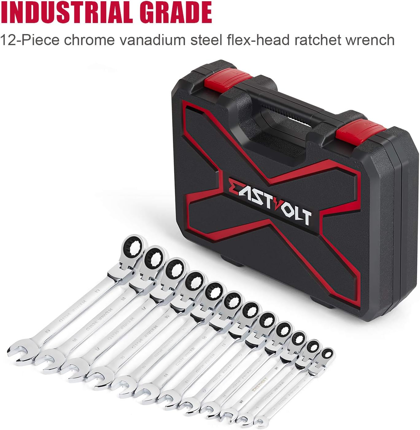 Eastvolt 12-Piece Flex-Head Ratcheting Wrench Set, Metric 8mm-19mm, Combination Ended Spanner kits, Chrome Vanadium Steel Combination Wrench set with Toolbox, EVHT1201 Pack of 2