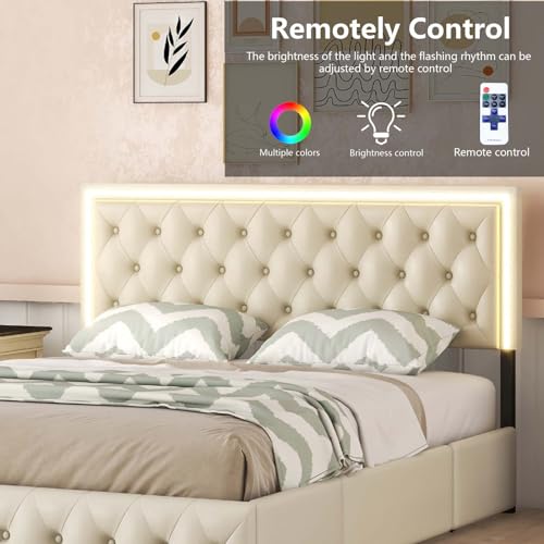 Queen Size Upholstered Bed Frame with 4 Storage Drawers, Button Tufted Adjustable Headboard PU Leather Platform Bed with LED Light, No Box Spring Needed (Black)