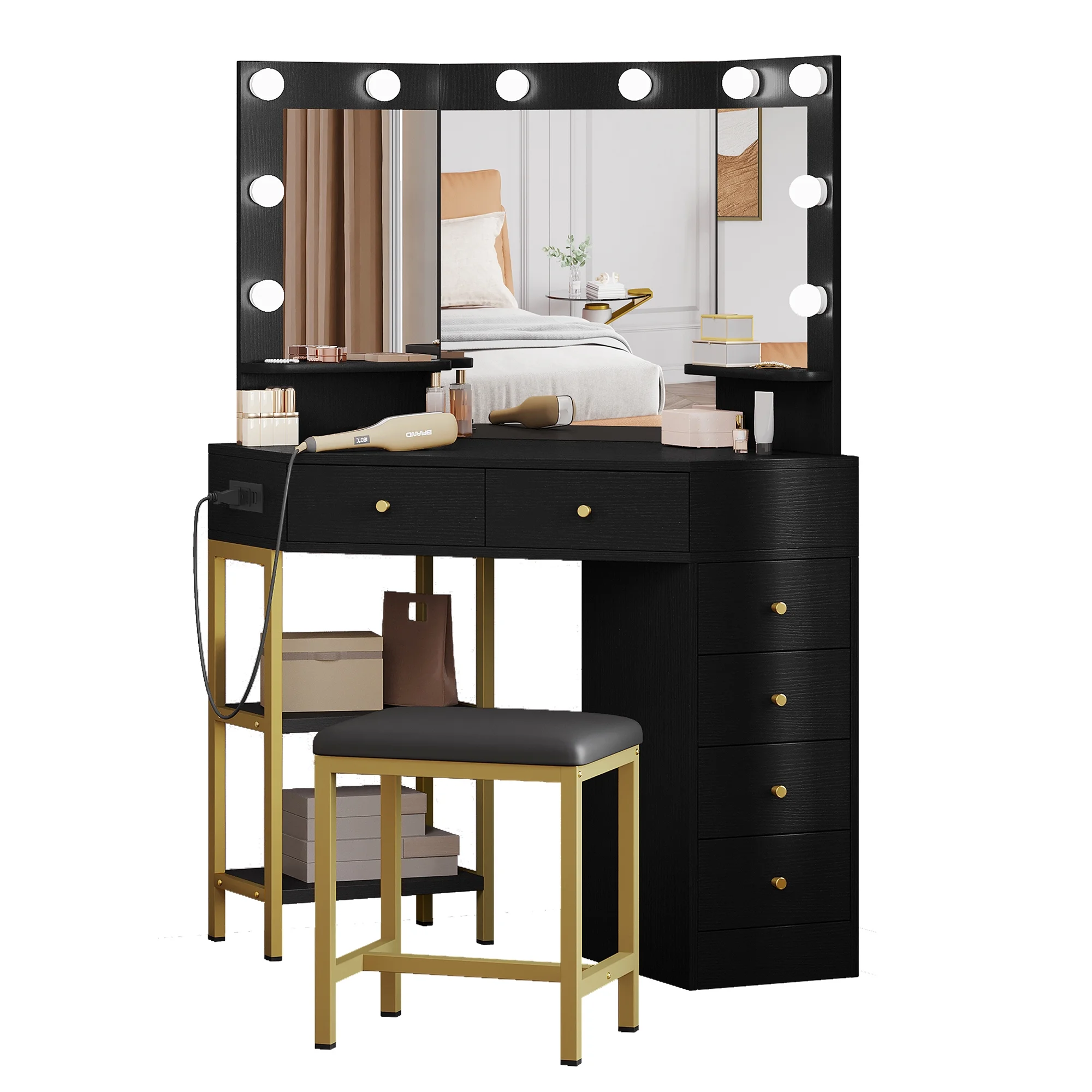 DWVO Corner Vanity Desk With Lights & Mirror, Makeup Vanity with Shelf & 6 Drawers, Vanity Dressing Table for Makeup,Modern Desk Vanity for Bedroom, Black