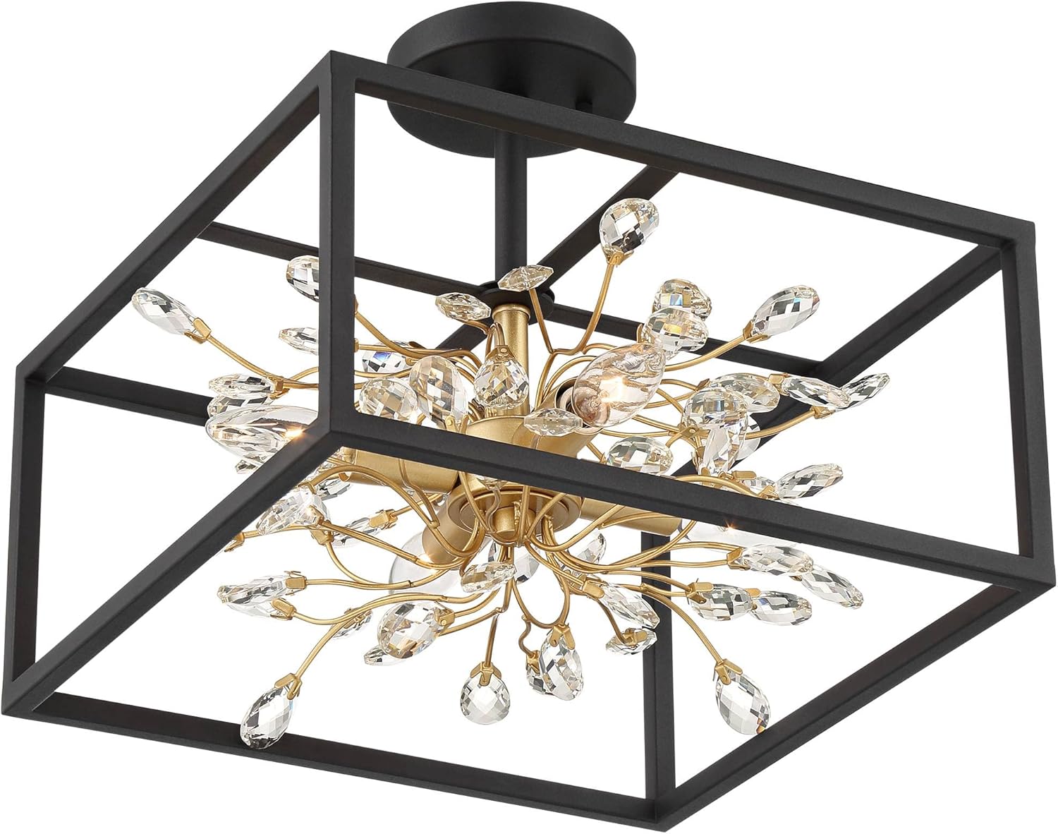 Possini Euro Design Carrine Modern Ceiling Light Semi Flush-Mount Fixture 14 1/4" Wide Black Metal Gold Branches 4-Light Clear Crystal for Bedroom Kitchen Living Room Hallway Bathroom House Home