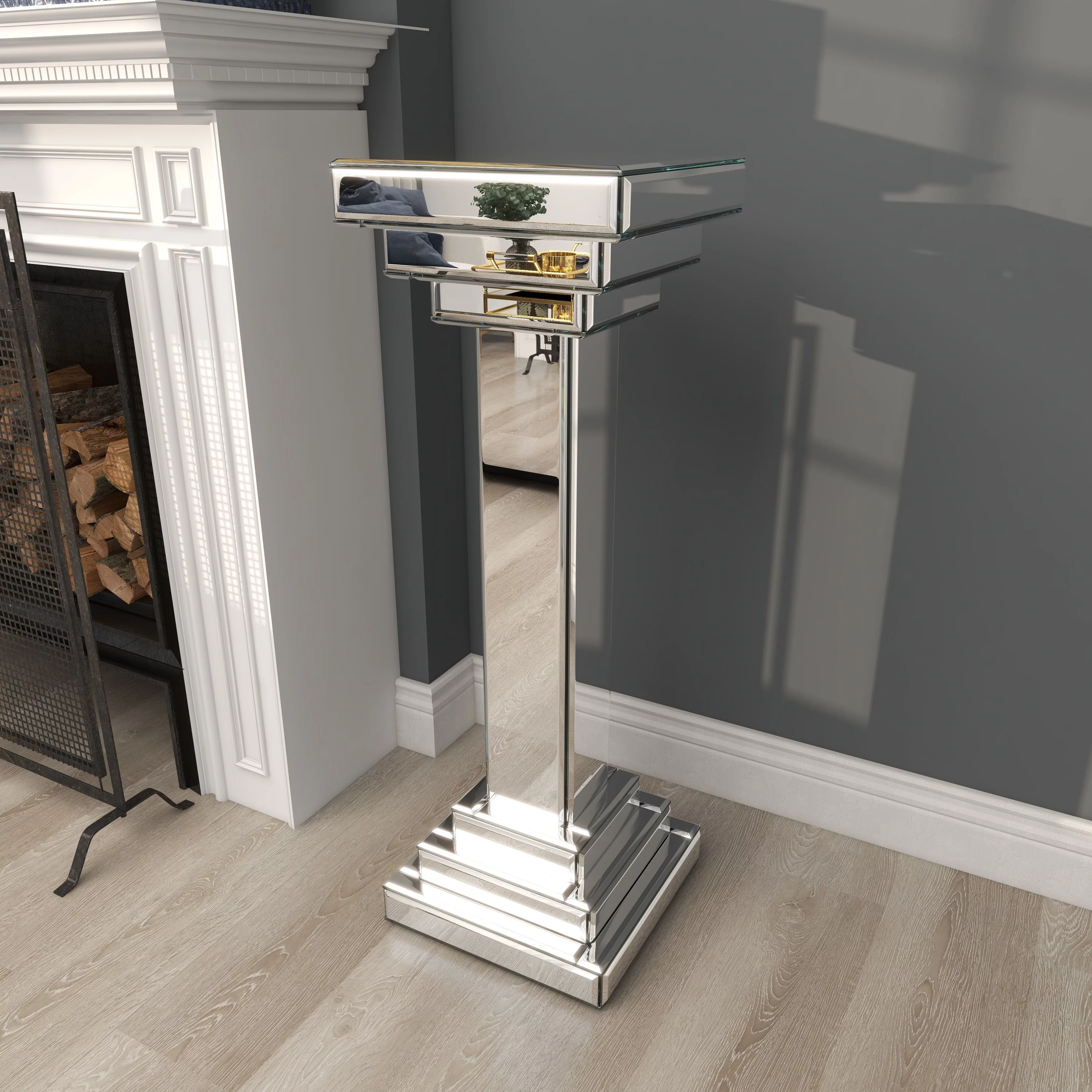 DecMode 12" x 36" Silver Glass Mirrored Pedestal Table, 1-Piece