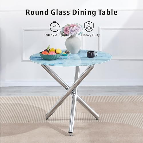 Round Glass Dining Table Set 5 Pieces Dining Table Chair Set for Home Kitchen Round Tripod Chrome Legs Table with 4 PU Chairs, Contemporary Dining Room Furniture Set for Small Space