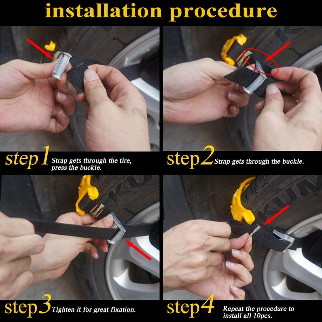PrettyQueen 10 Pcs Upgraded Car Tire Chains for Snow Ice Mud, Anti-Skid Car Chains Emergency Traction Universal for Tyres 185-295mm/7.2-11.6 inches