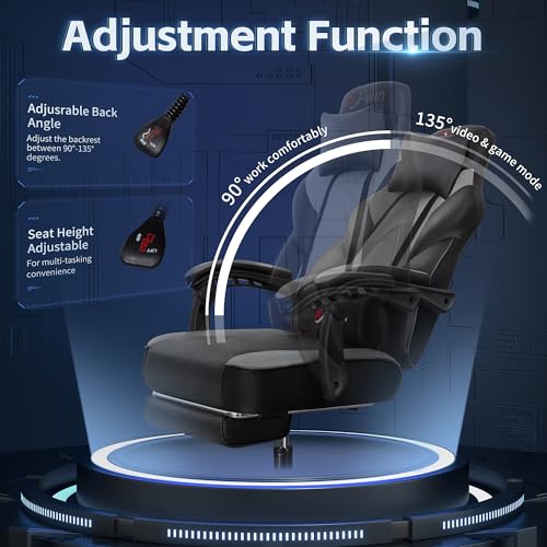 Gaming Chairs for Adults, Computer Chair with Footrest and Ergonomic High Back, Big and Tall Gamer Chairs with Massage Lumbar Support, 360° Swivel Height Adjustable, Blue