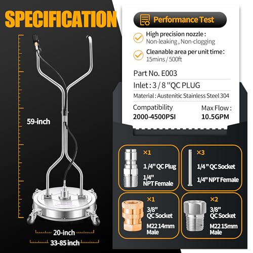 Pressure Washer Surface Cleaner with 4 Wheels - Stainless Steel Surface Cleaner for Pressure Washer Attachment for Concrete, Driveway, Patio, Sidewalk, Deck and Driveways