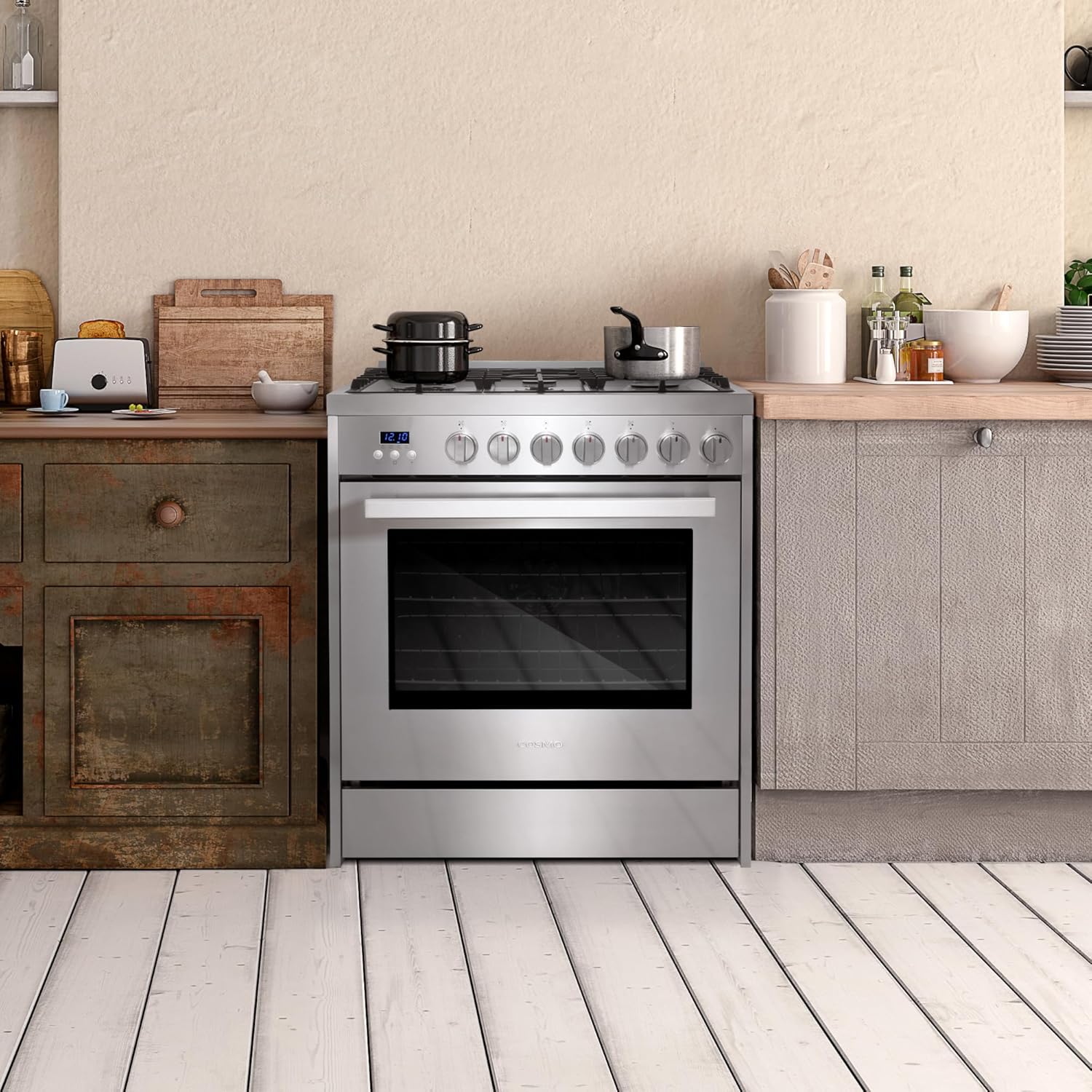COSMO COS-305AGC 30 in. 5.0 cu. ft. Freestanding Single Oven Gas Range with 5 Burner Cooktop and Heavy Duty Cast Iron Grates in Stainless Steel
