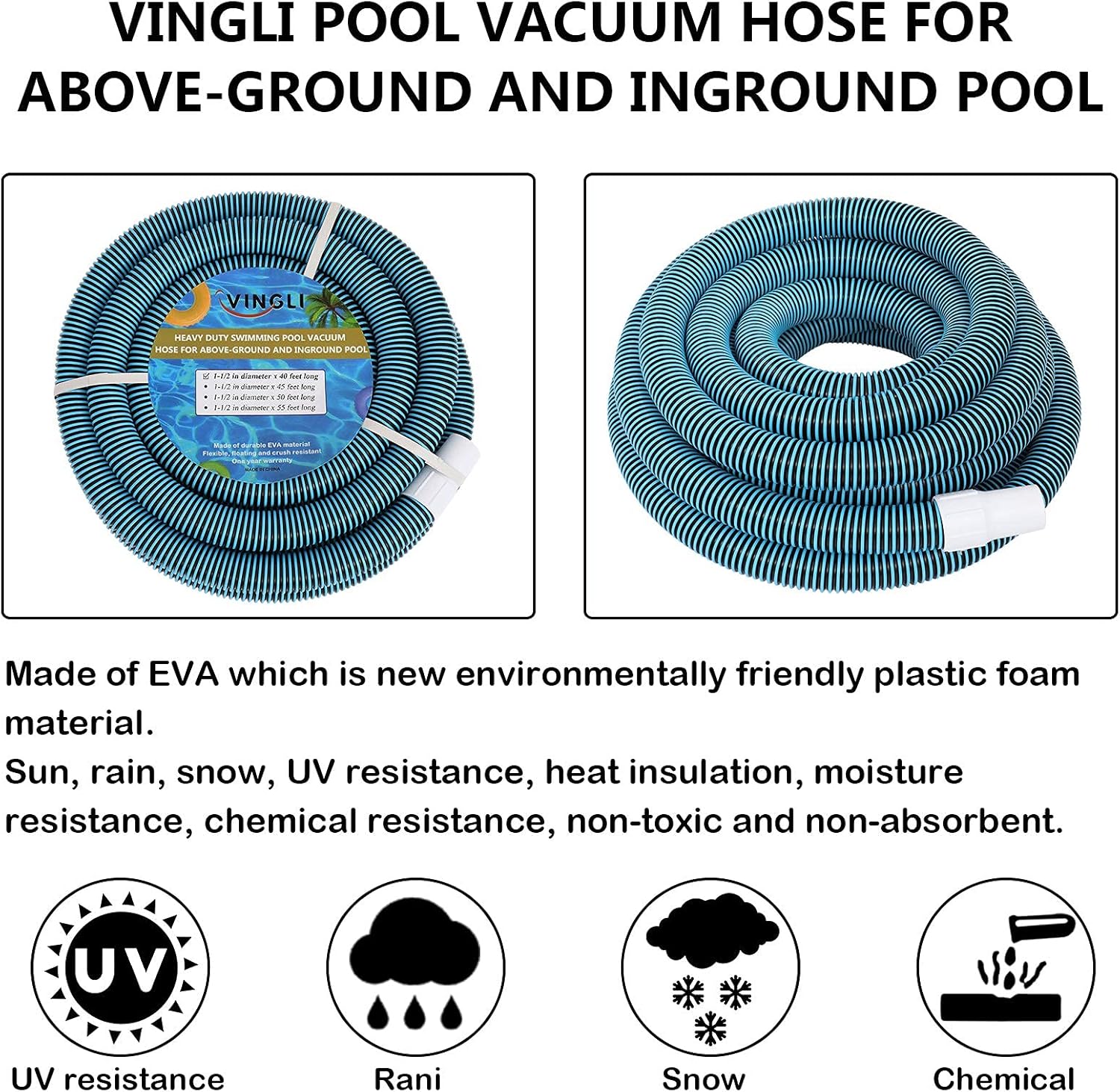 VINGLI 1-1/2-Inch x 40-Feet Swimming Pool Vacuum Hose for In-Ground Pool Foot Professional Heavy Duty Pool Hose, Blue Pack of 2