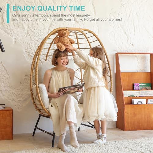 SWITTE Wicker Egg Chair Outdoor Indoor, Oversized Rattan Patio Lounge Chairs with Cushion for Backyard, Living Room, Steel Frame, 480lb Capacity-Cream