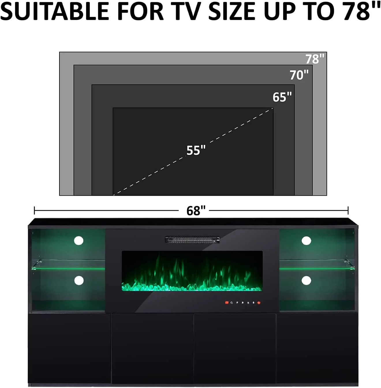 AMERLIFE Modern High Gloss 68" Fireplace TV Stand, Media Entertainment Center with Electric Fireplace & LED Lights for TVs up to 78", TV Console Storage Cabinet with Adjustable Glass Shelves, Black