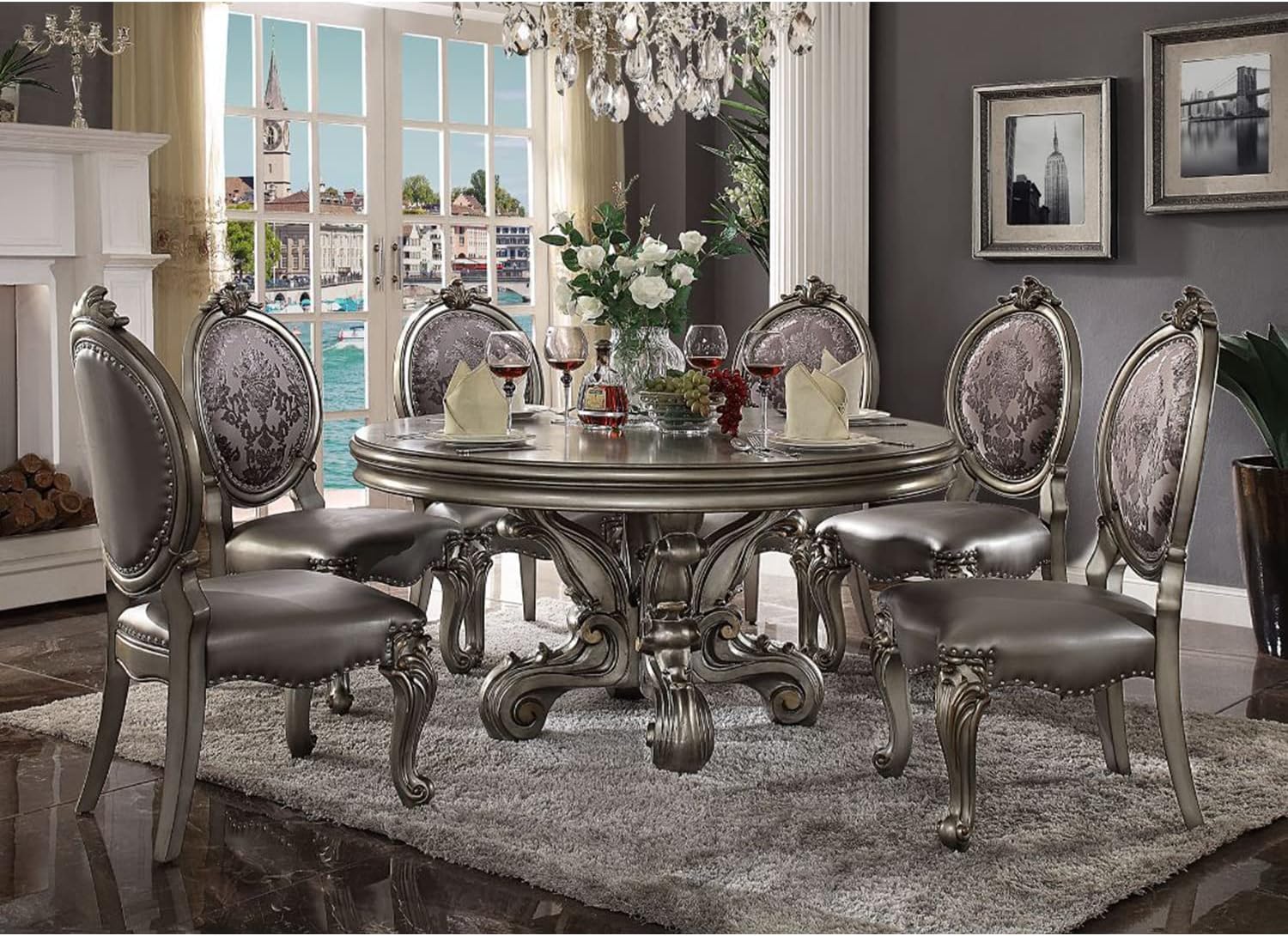 Acme Furniture Round Dining Table with Single Pedestal, Antique Platinum