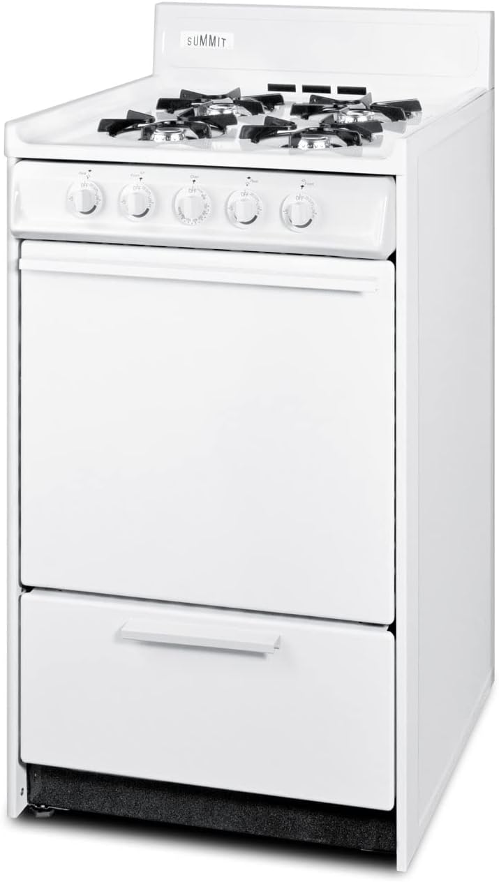 Summit Appliance WLM110P 20" Wide Propane Gas Range, White; Battery Start Ignition; 4 Open Burners; Broiler Compartment; Adjustable Oven Racks; Anti-Tip Bracket; Removable Oven Door And Range Top