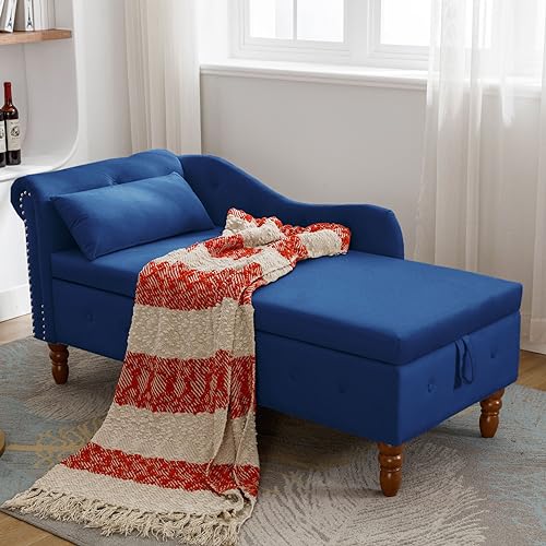 Velvet Storage Chaise Lounge, End of Bed Storage Bench with Pillow and Backrest, Button Tufted Lounge Chair with Nailhead Trim & Wood Legs, Padded Sleeper Sofa Couch for Living Room Bedroom, Black