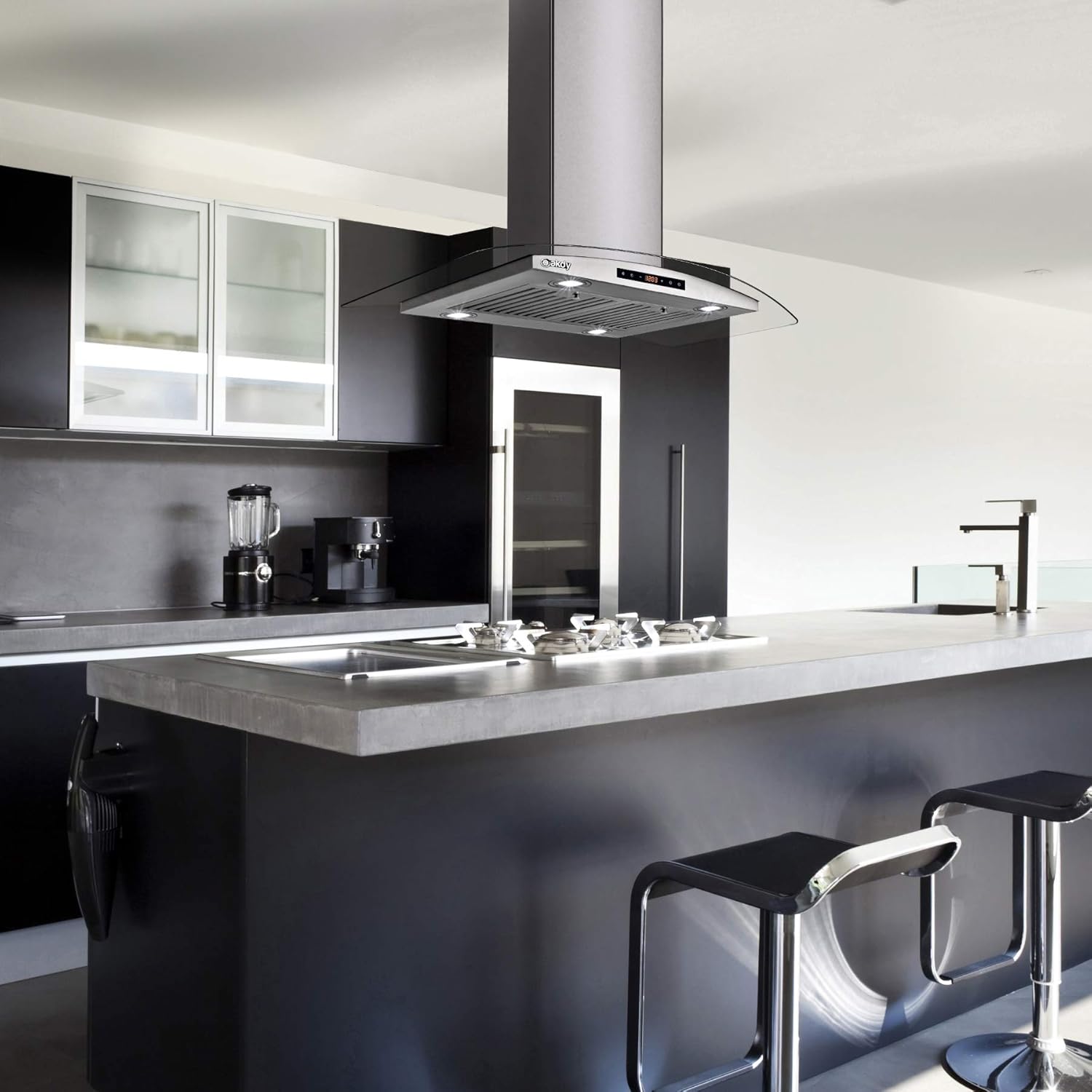 AKDY 36 in. 343 CFM Convertible Island Mount Range Hood with Tempered Glass and Carbon Filters in Stainless Steel