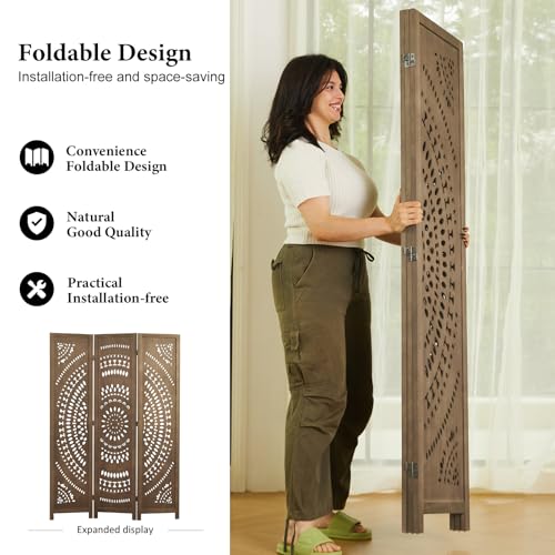 Room Divider Wood Carved Wall Divider Indoor Folding Bohemian Style Portable Partition Screen for Home Office Garden Terrace - 6 Panels (Antique, White-Washed)