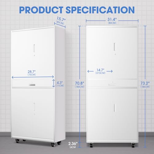 DNA MOTORING 71'' Metal Storage Cabinet, Locking Tool Cabinet with 1 Drawer and Adjustable Shelves, Lockable Heavy Duty Metal Locker for Garage,Office,Home,Gym, Gray, TOOLS-00629-GY-GY-A