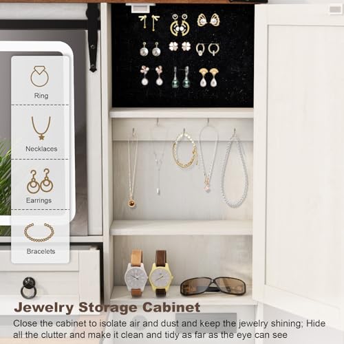Farmhouse Vanity Desk with Mirror and Lights, Makeup Vanity with Charging Station & Jewelry Cabinet, 42” Glass Tabletop, 4 Drawers, Adjustable Shelves, White Vanity