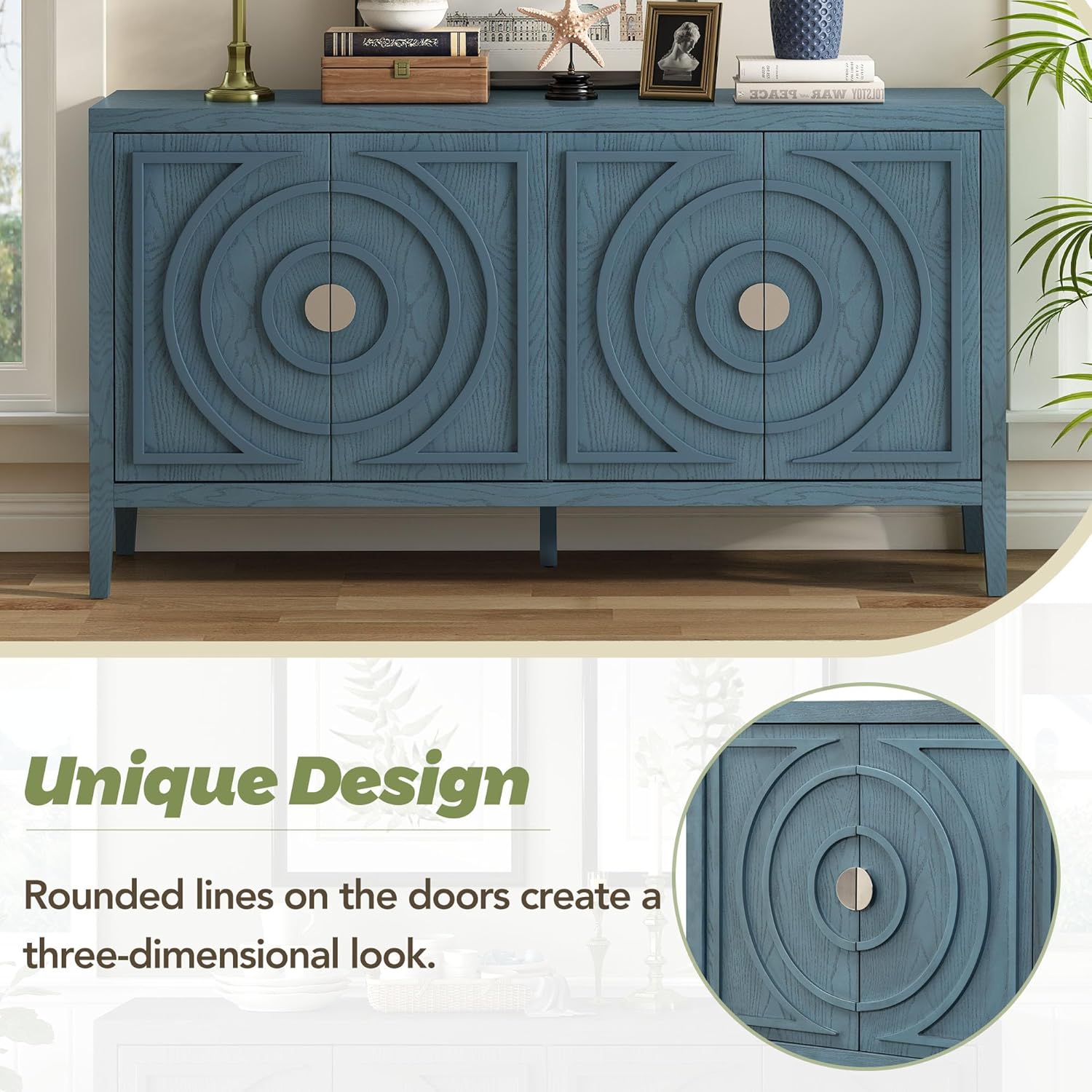 Retro Kitchen Accent Storage Cabinet with Circular Groove Design Door,Round Metal Handle,Sideboard Buffet Cabinet,Cupboard,60” Console Table for Dining Room,Living Room,Bedroom,Entryway