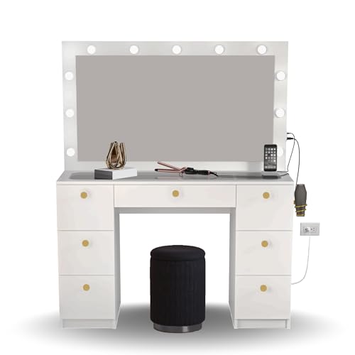 Boahaus Lyra LARGE Makeup Vanity Desk with Lights, 7 Drawers, Black Vanity Mirror with Lights Built-in, Drawer with Jewelry Divider, Power Outlet, Gold Crystal Ball Knobs, 56'' H x 46.3'' W x 14.6'' D