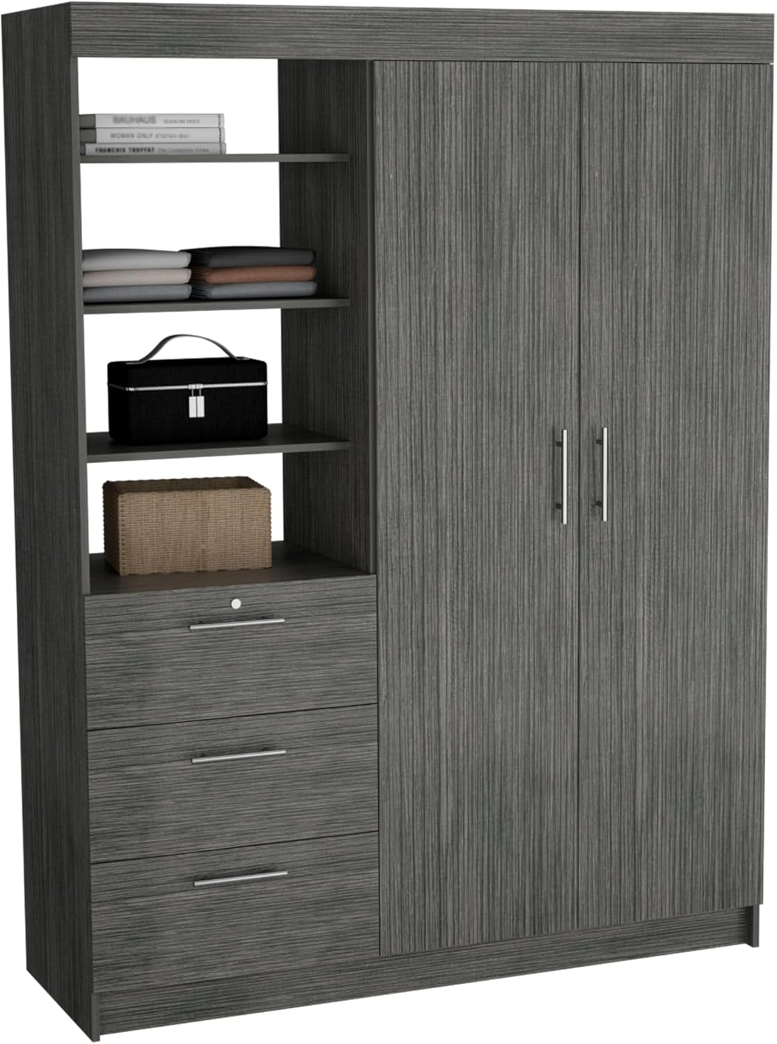 Armoire Wardrobe 2 Doors 3 Drawers, Clothes Cabinet with Shelves and Hanging Rod, Freestanding Wooden Closets Organization for Bedroom, 59″x20.5″x79″, Oak