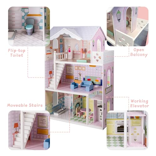 Large Wooden Dollhouse with Working Elevator & Balcony - 3 Stories 6 Rooms Doll House Playset with Furniture Accessories, Creative Toy Gift for Girls 3+, White