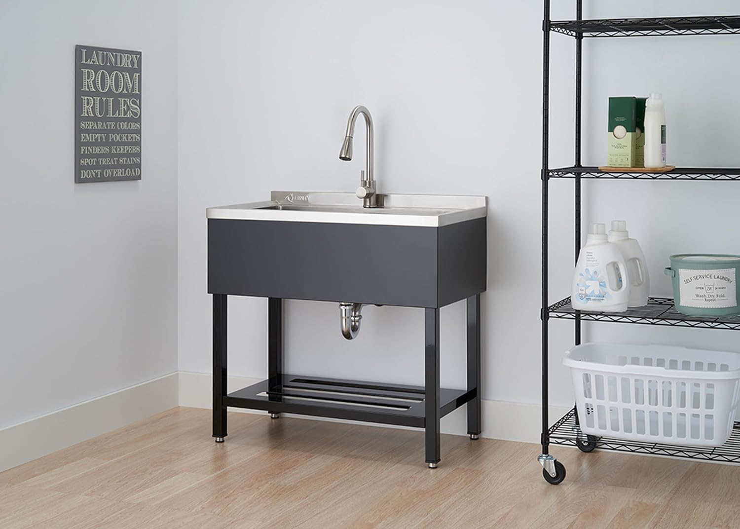 TRINITY THAPBK-0323 Stainless Steel Freestanding Single Bowl Utility Sink for Garage, Laundry Room, and Commercial Use, Includes Pull-Out Faucet, NSF Certified, 36" x 20" x 49", Black