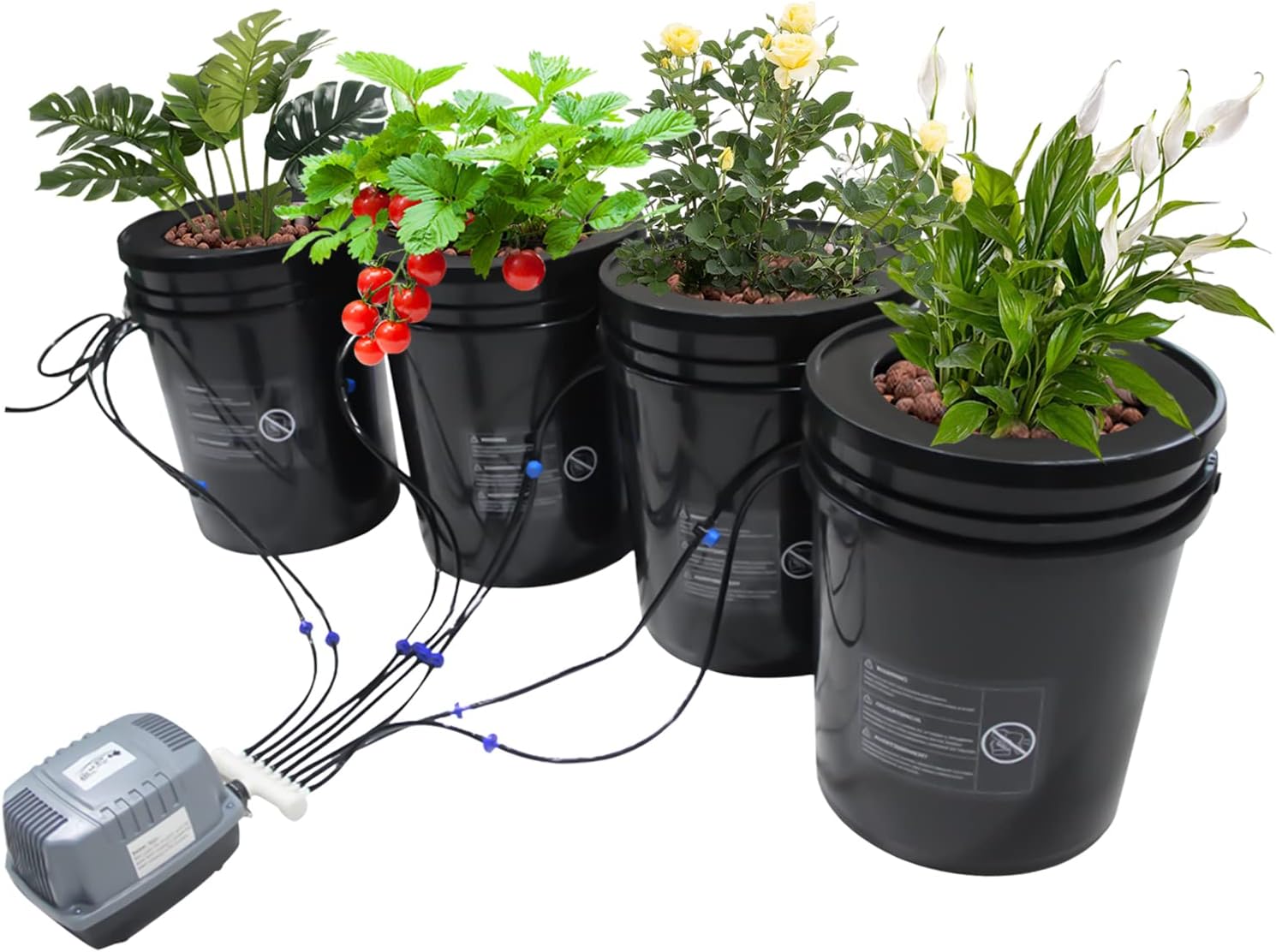 DWC Hydroponics Growing System, 5 Gallon Deep Water Culture, Recirculating Drip Garden System Kit with Multi-Purpose Air Hose, Air Pump, and Air Stone (4 Bucket + Reservoir Kit)