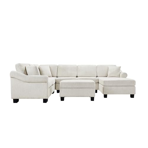 Oversized U-Shaped Sectional Sofa Couch Plush Corduroy Upholstered Modular Deep Seat Sofa&Couch Sectional W/Right Facing Chaise Lounge and 7 Toss Pillows for Home Apartment Living Room Furniture Sets