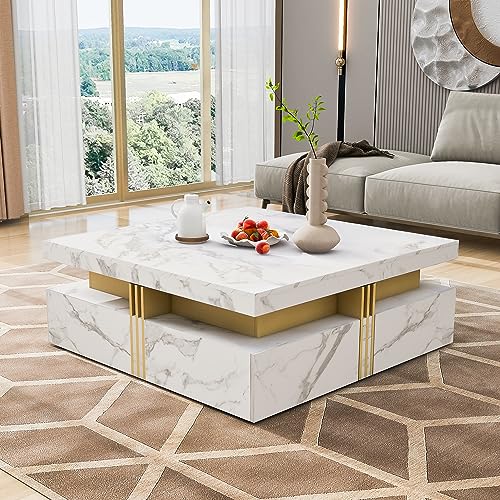 Modern Round Lift-top Nesting Coffee Tables with 2 Drawers for Living Room White & Natural