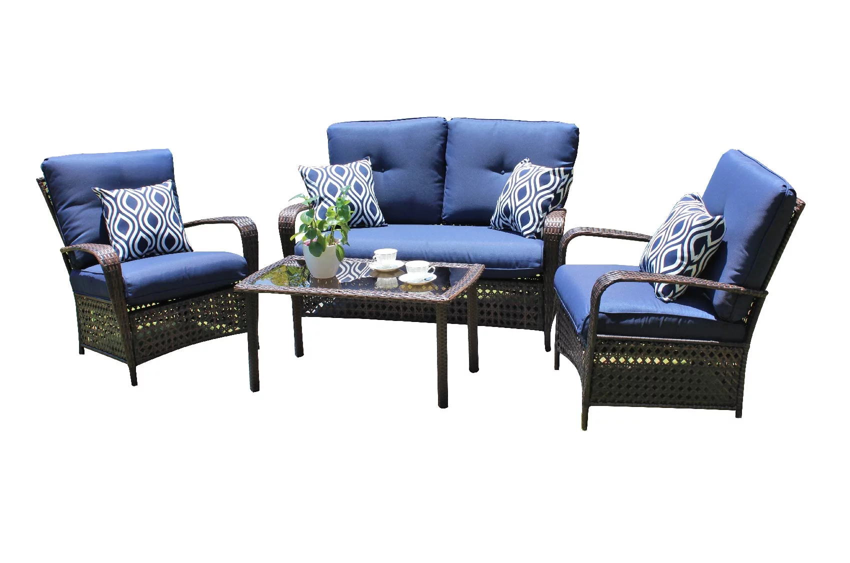Belle Patio Amber 4 Piece Wicker Outdoor Patio Furniture Conversation Set with 4 Seats, Tempered Glass Table Top, Navy Cushions