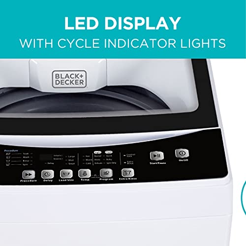 BLACK+DECKER 0.9 Cu. Ft. Portable Washer, 6.6 lb. Capacity Washing Machine for Homes & Apartments, 5 Wash Cycles, Quick Connect Sink Adapter and Drain Hose Included, Transparent Lid & LED Display, BPWM09W, White