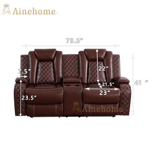 A Ainehome Leather Power Recliner Sofa Set,Leather Sofa Set Reclining Couch with Wireless Charger and Loveseat Theater Seating,Home Electric Recliner Chair with LED Light,Brown