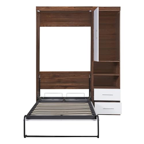 Queen Size Murphy Bed with Built-in Dual Power/USB Port and Removable Shelves, Space-Saving Design Murphy Wall Bed Cube Cabinet with Desks for Home Office, Easy Assemble,White