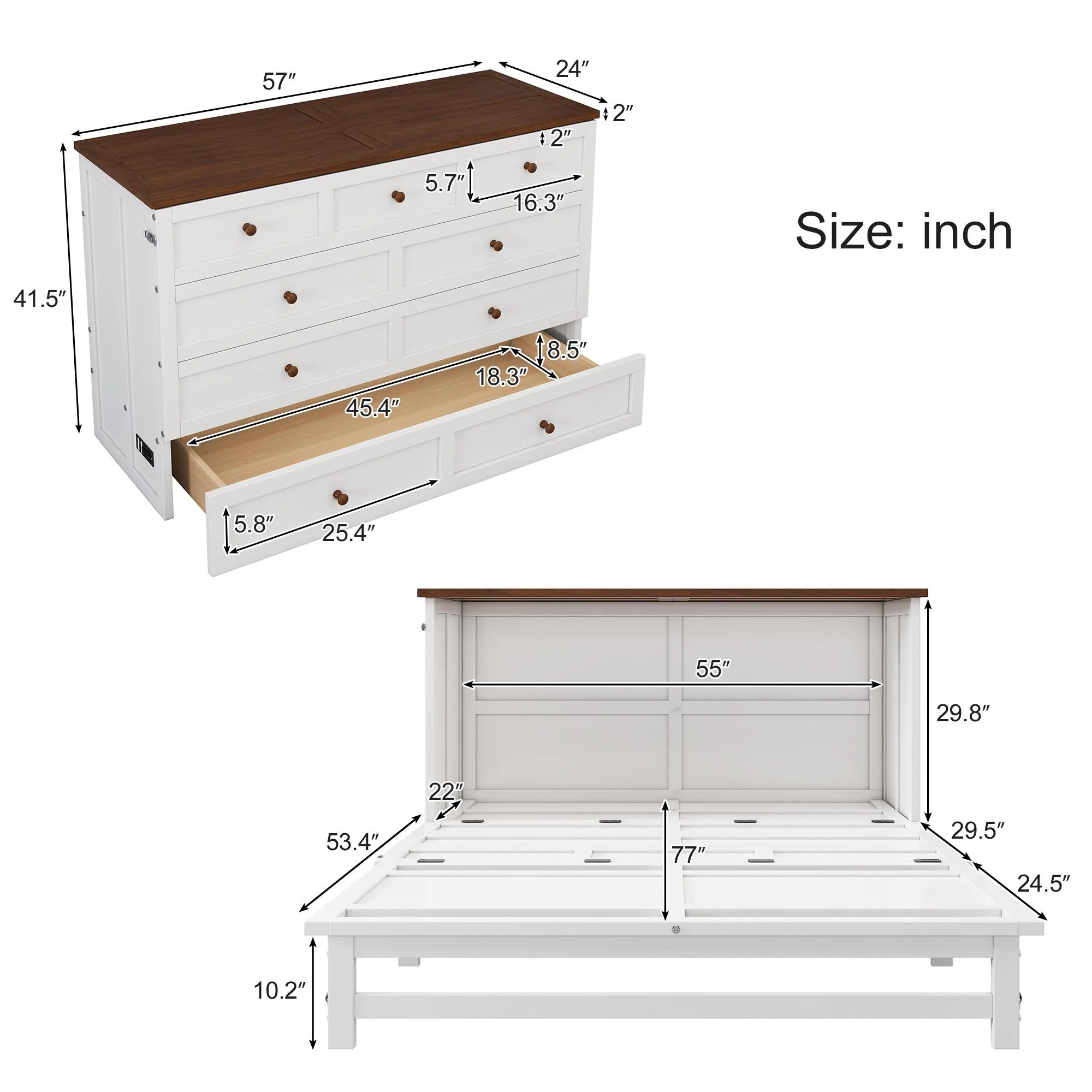 Bellemave Murphy Bed Queen with Storage Drawer, Solid Wood Queen Size Murphy Bed Cabinet with Charging Station, Easy Fold Modern Murphy Beds for Guest Room Home Office (White+Walnut)