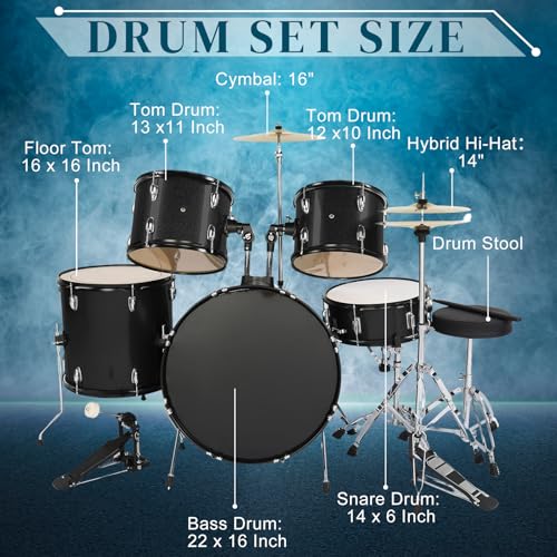 Ktaxon 22 Inch Adult Drum Set, 5-Piece Full-Size Drums Kit with Cymbal Stands, Hi-hat Stand, Sticks, Drum Pedal, Stool & Floor Tom for Beginner Teens Student (Blue)