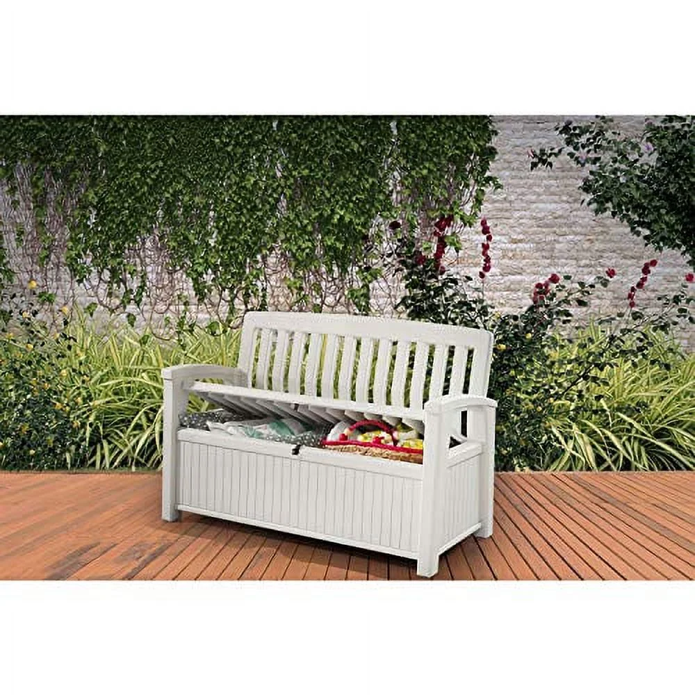 Keter 60 Gallon Storage Bench Chair Deck Box for Outdoor Patio and Garden, Ivory