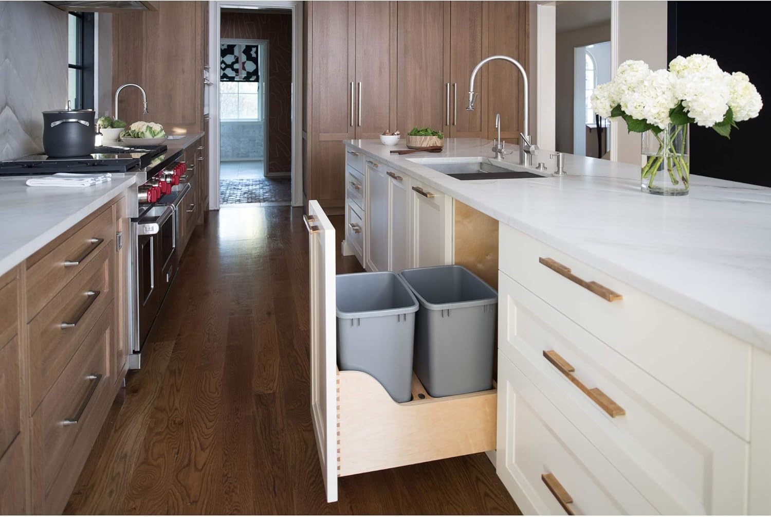 Rev-A-Shelf 4WCSC-1835DM-2 Double 35-Quart Maple Bottom Mount Kitchen Pullout Waste Container Trash Can with Blumotion Soft-Close Slides, Silver