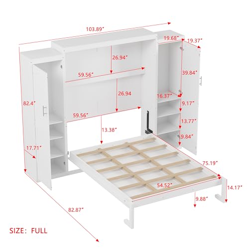 KLMM Wooden Murphy Bed Wall Bed with 2 Wardrobe and Storage Shelf,Foldable Platform Bedframe for Guest-Room Bedroom Study Office Use (White#E, Full)