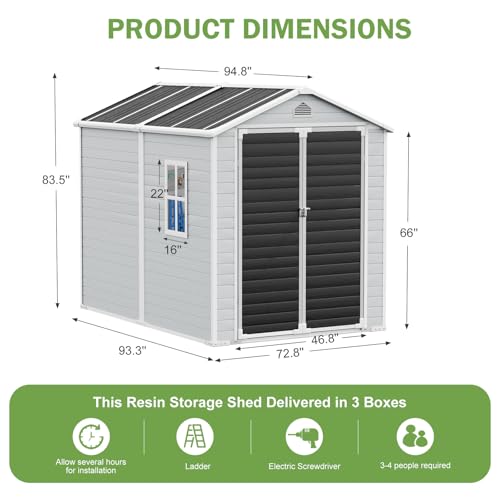 8x6x7 FT Resin Storage Shed, Waterproof Outdoor Storage Shed w/Floor, 2 Windows, Double Lockable Doors & Vents, Tool Shed for Patio Garden, Lawn, Backyard, Dove Grey
