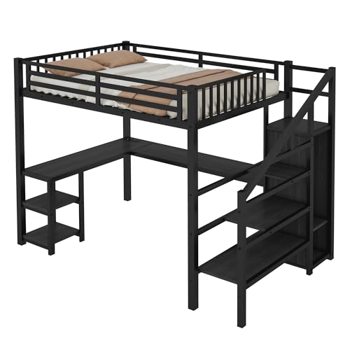 Full Size Loft Bed with Stairs and Storage, Metal Loft Bed Frame with Bedside Shelf and Large Under-Bed Space, Heavy-Duty Bed for Adults Teens and Kids, Black