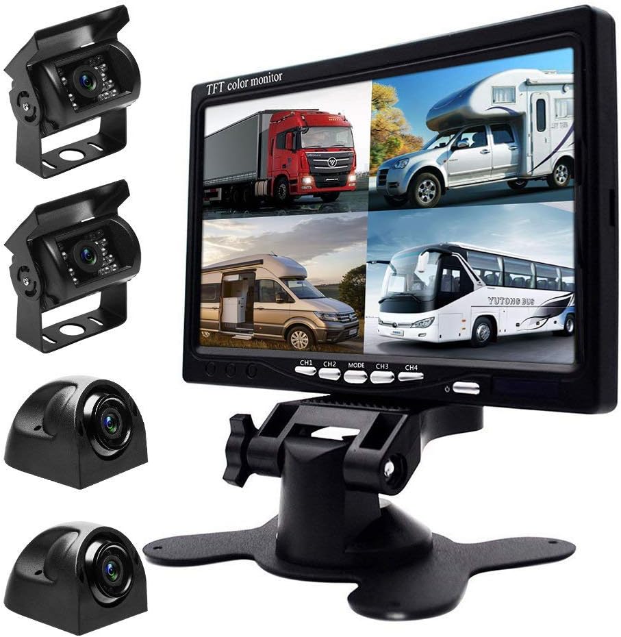 Backup Camera Hard Wired Backup Camera 9'' Quad Split Screen HD Rear Backup Camera Monitor System, Waterproof IR Night Vision Backup Camera for Trucks,Trailer Heavy,Box,RV,Camper Bus Rearview Camera