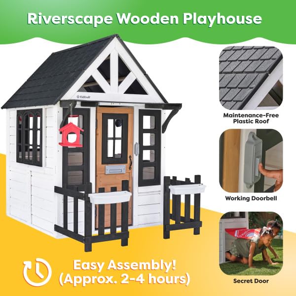 KidKraft Riverscape Wooden Playhouse with Working Doorbell, Fence, Kitchen and Pet Door