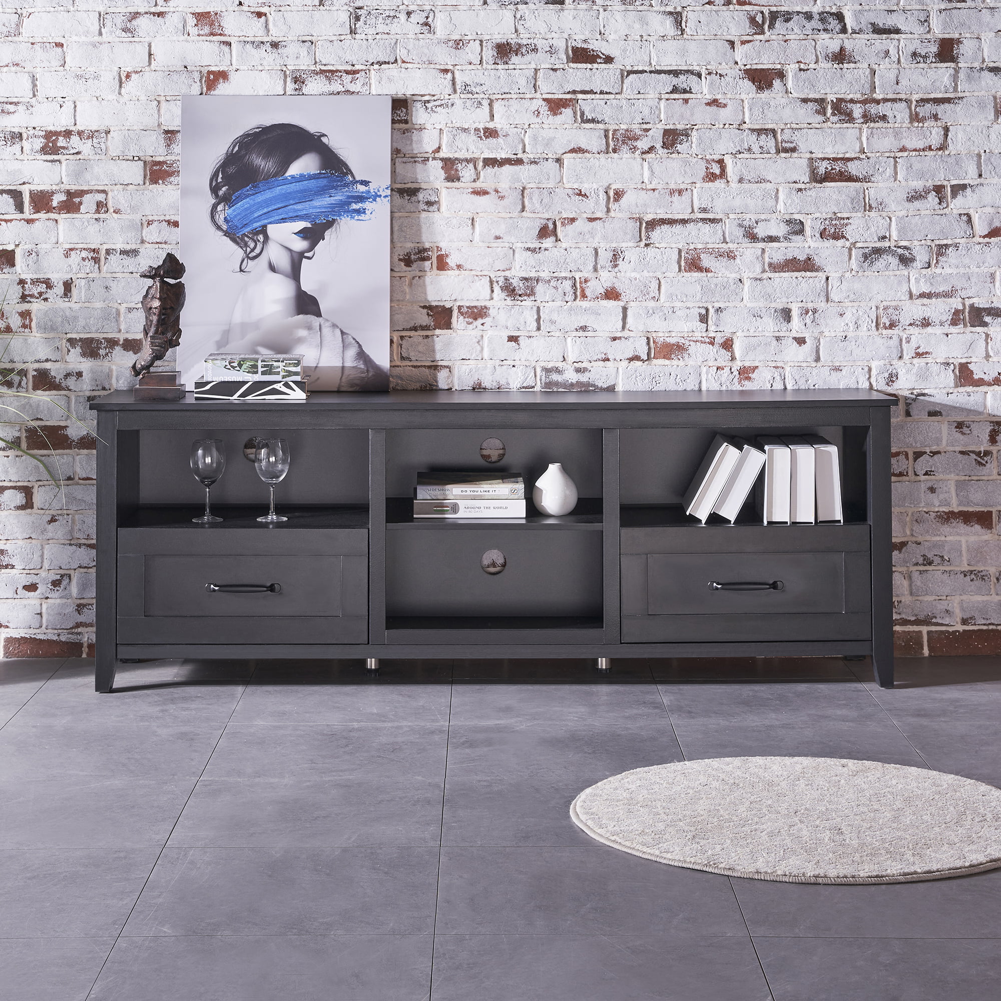 SYNGAR Industrial TV Stand for TV up to 70 inches, Wood TV Console Table Stand with 2 Storage Drawers and 4 Open Compartments, Home Living Room Entertainment Center, Black, 70"L x 15"W x 25"H