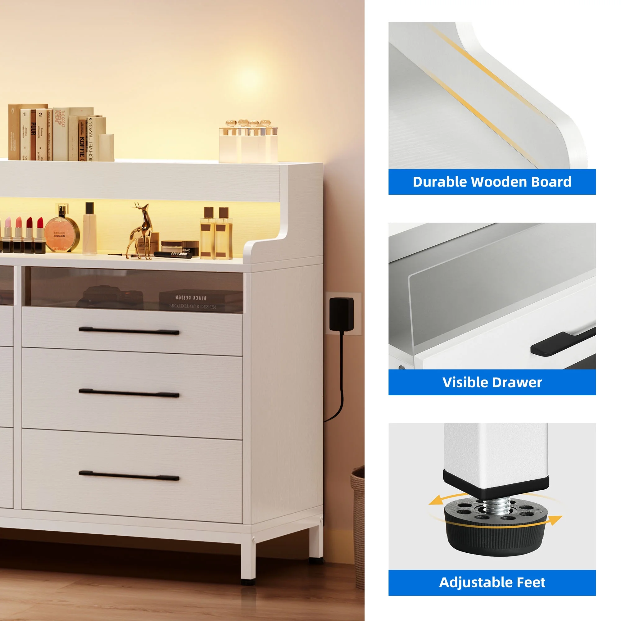 Dextrus 6 Drawer Dresser for Bedroom, Double Dressers & Chests with LED Light & Open Storage, Modern Chest Organizer for Bedroom, Living Room, Entryway, Hallway, White