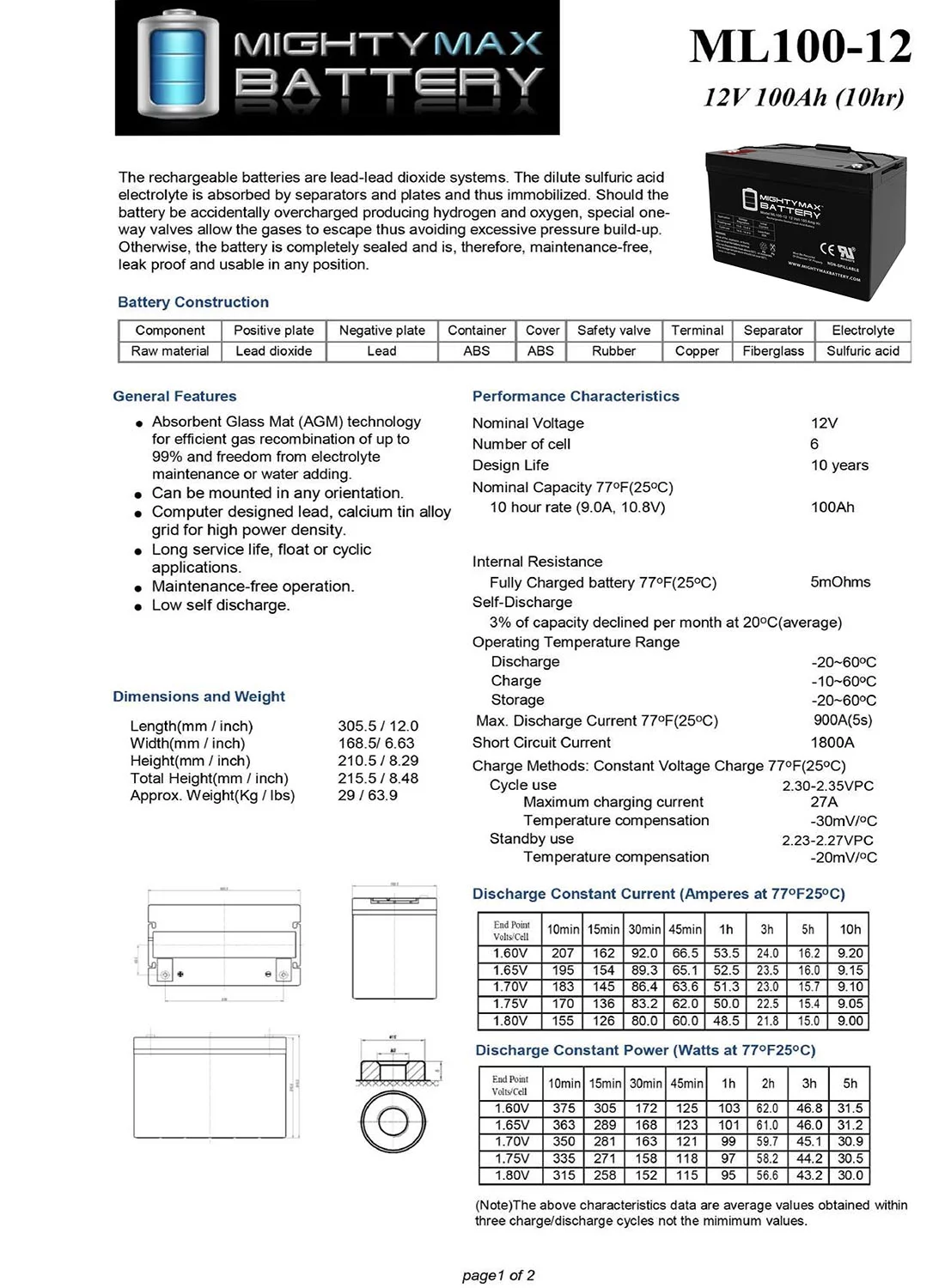 "Mighty Max 12V 100AH Battery for Solar Wind Deep Cycle VRLA 12V 24V 48V"