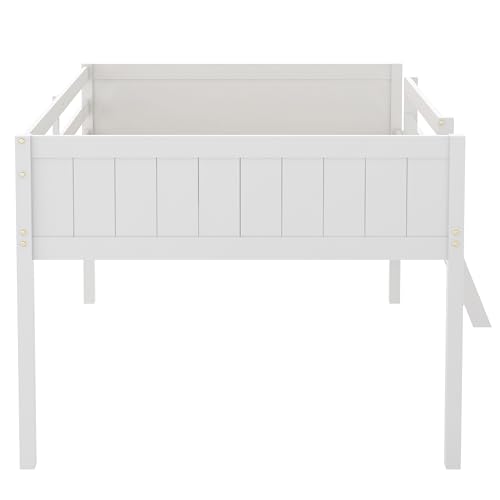 Full Size Wood Low Loft Bed with Convertible Ladder, Solid Wood Bed Frame with Safety Guardrail, 350 lbs Weight Capacity, No Box Spring Required, for Girl Boy Kid Bedroom (Gray-072)
