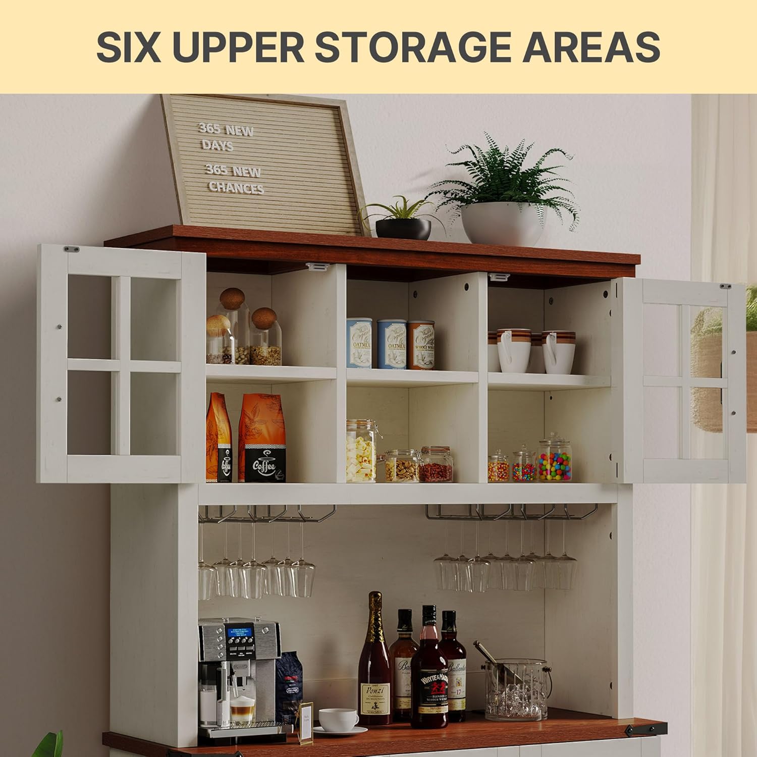 DWVO Farmhouse Kitchen Pantry Cabinet with Power Outlet, 72 Inch Buffet Cabinet with Storage Shelves and 3 Drawers, Pantry Cupboard for Kitchen, Living Room and Dining Room, Antique White
