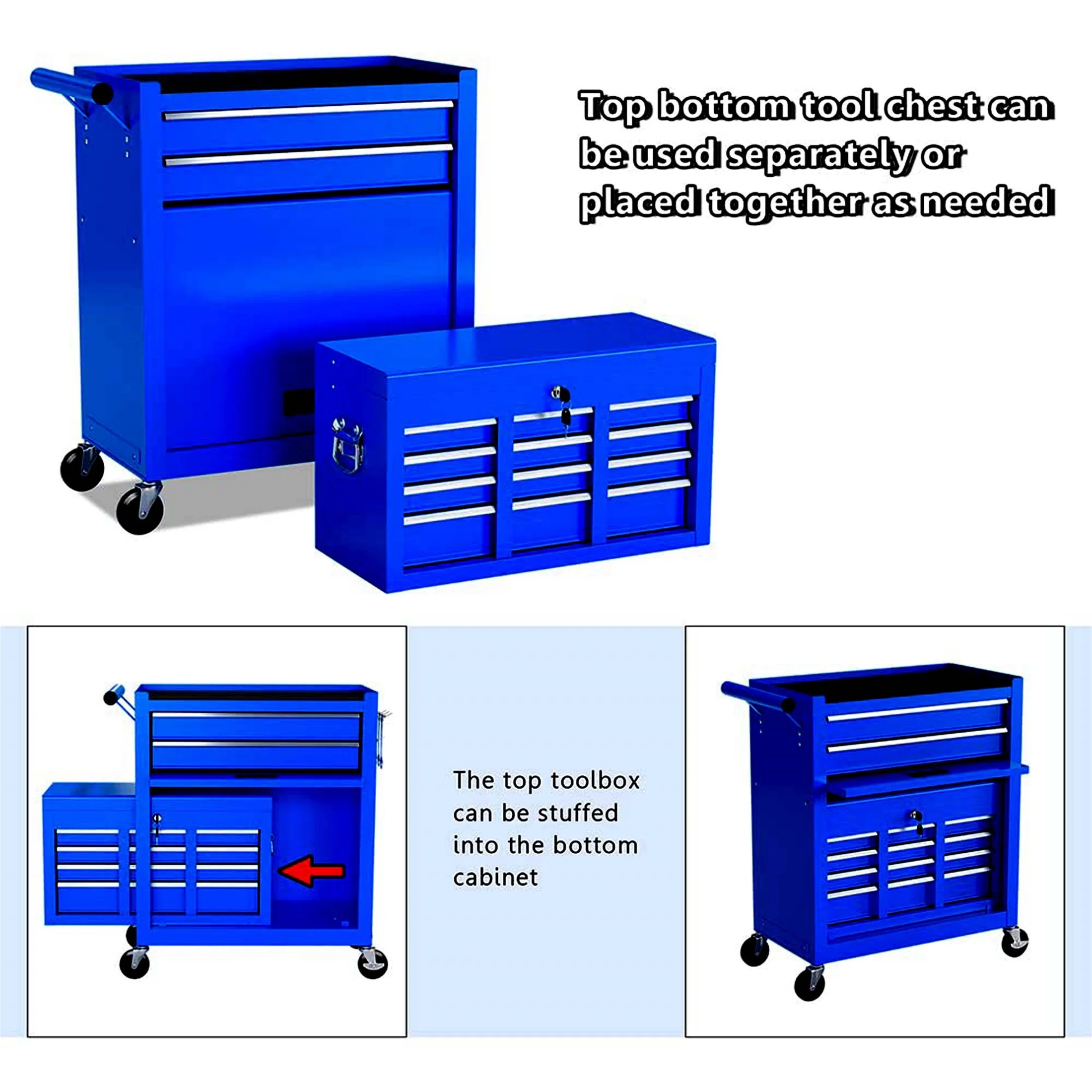 Aukfa Tool Chest, 2 in 1 Steel Rolling Tool Box & Cabinet On Wheels for Garage, 8-Drawer, Blue